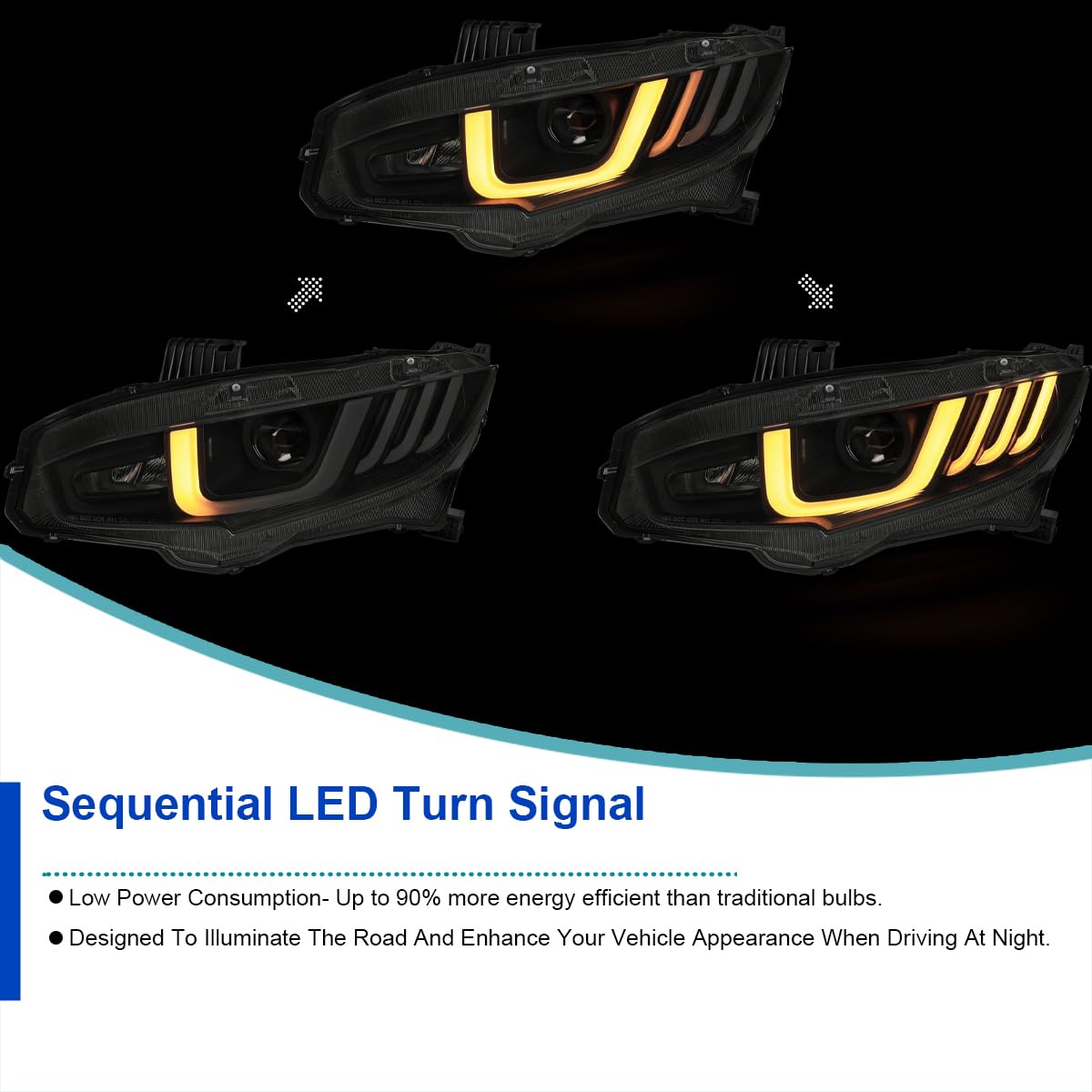 Black Smoke LED Tube Projector Headlights SPEC-D TUNING w/Switchback Sequential Signal Compatible with 2016-2021 Honda Civic Models with Factory Halogen Headlights Left + Right