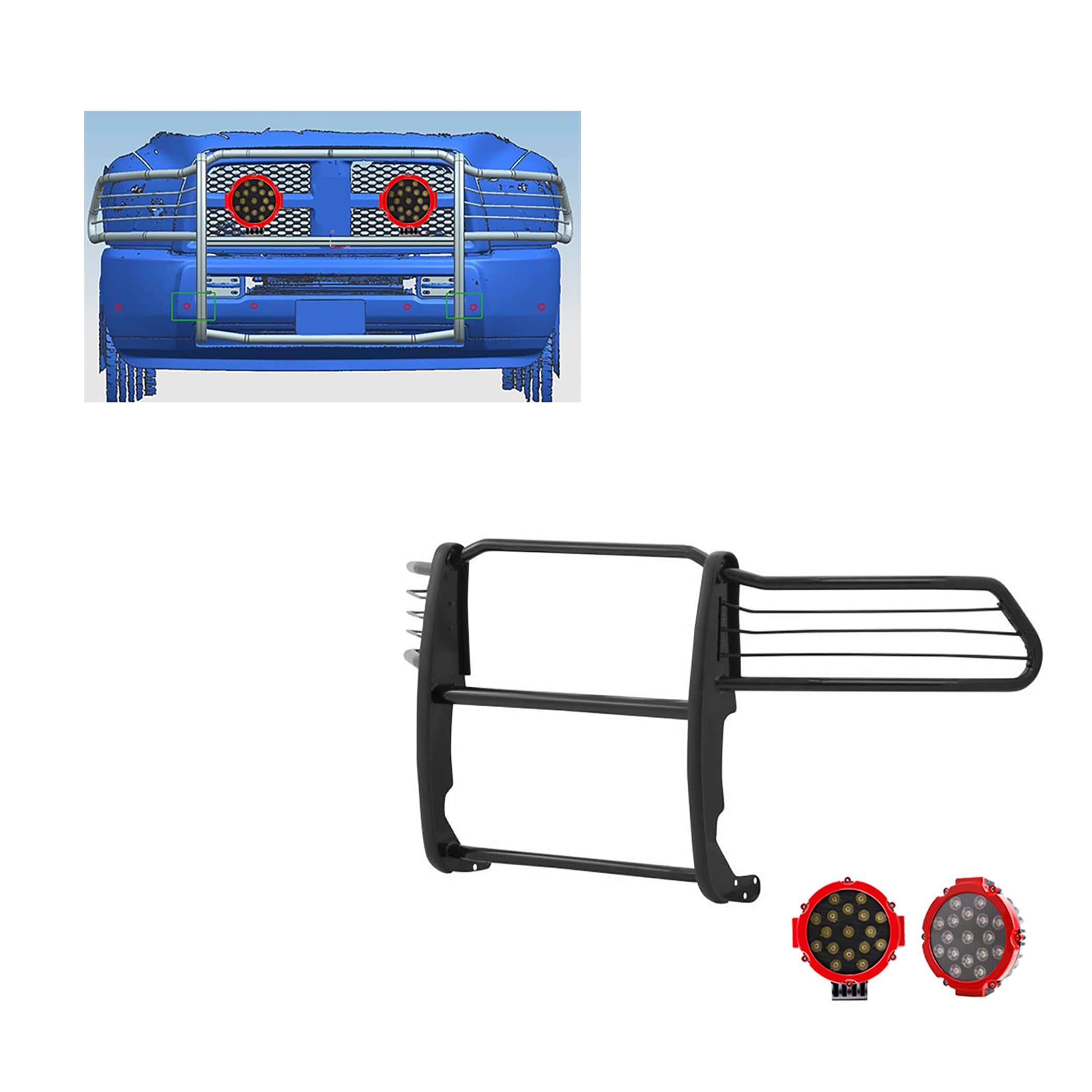 Grille Brush Black Horse Bumper Guard Modular Black Come with Pair of 7.0" Dia.LED Lights with Red Trim Rings Compatible with 2010-2018 Ram 2500|2011-2018 Ram 3500-17DR01MA-PLR