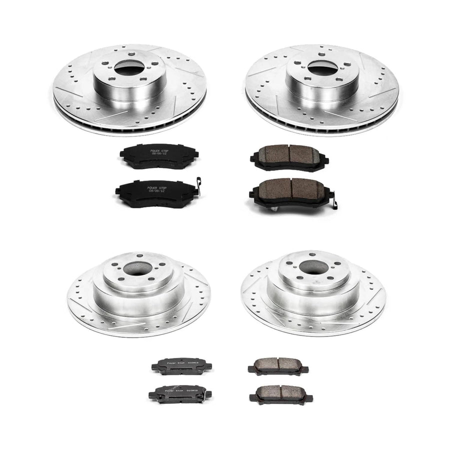 Power Stop K2751 Z23 Carbon Fiber Brake Pads Front and Rear with Drilled & Slotted Brake Rotors Kit