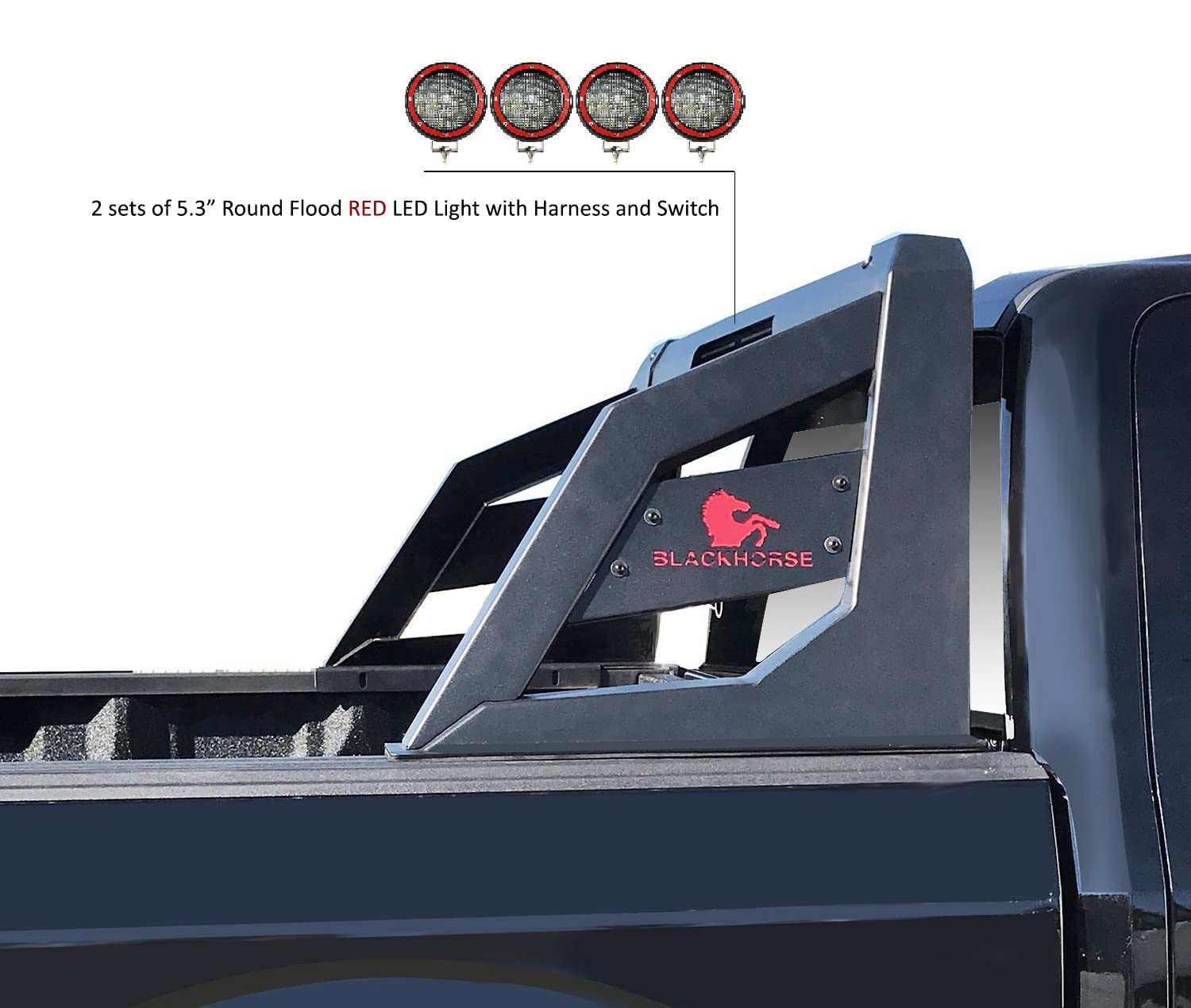 Armour Roll Bar Black Horse Incl. Set of 5.3" Dia.LED Lights w/Red Trim Rings Matte Black Compatible with 2005-2021 Nissan Frontier-ARB-NIFRB-PLFR