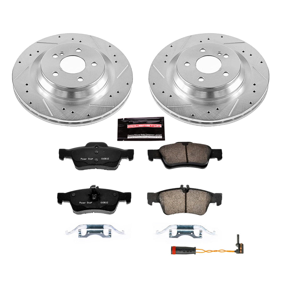 Power Stop K6568 Brake Pads Rear Z23 Carbon Fiber with Drilled & Slotted Brake Rotors Kit and 1 Rear Sensor Wire For CL550, CL600, S350, S400, S550, S600, SL550 [Model Specific]