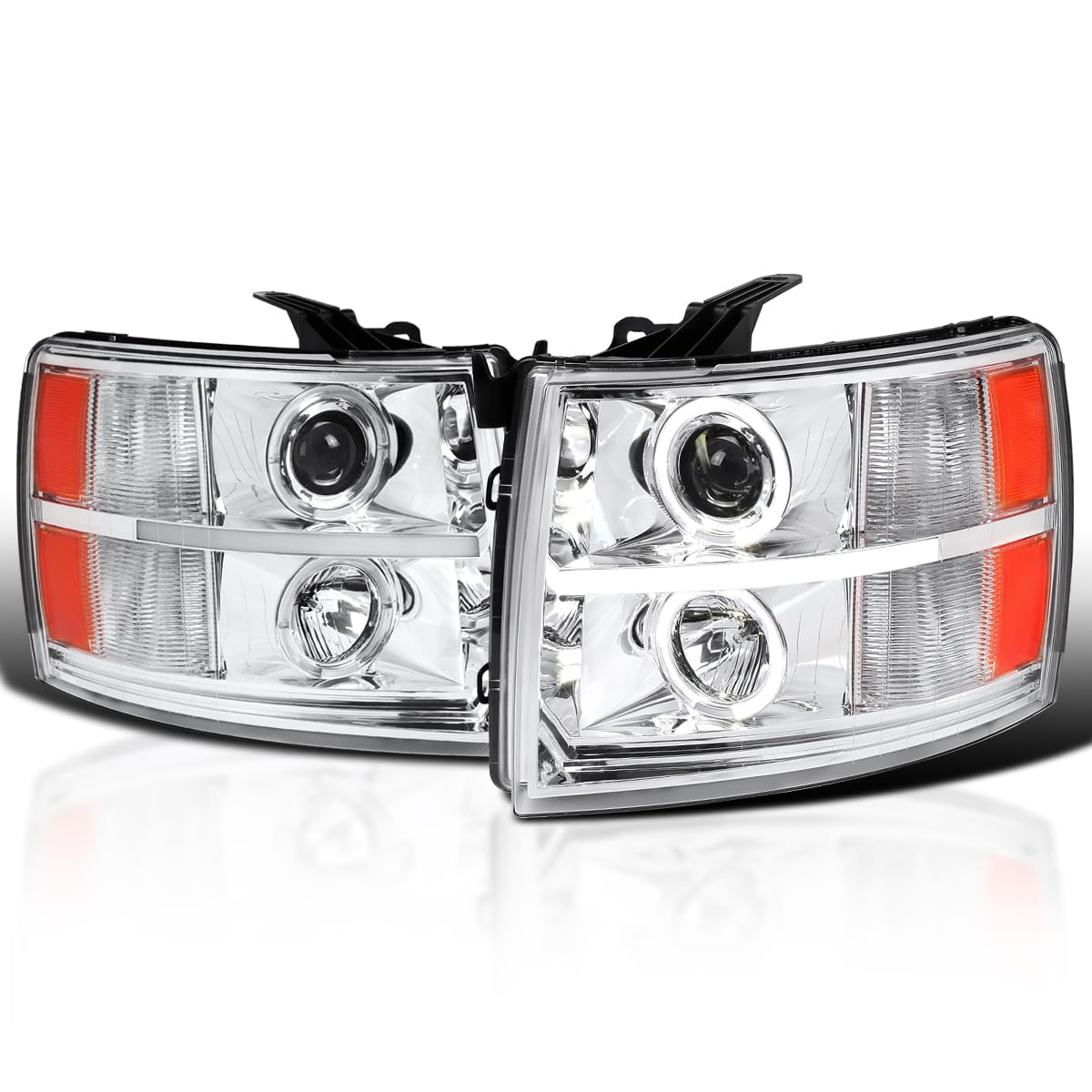 Dual Halo Projector Headlights SPEC-D TUNING Chrome Compatible with 2007-2013 Chevy Silverado 1500, 2007-2014 Silverado 2500 3500, Left + Right Pair Headlamps Assembly