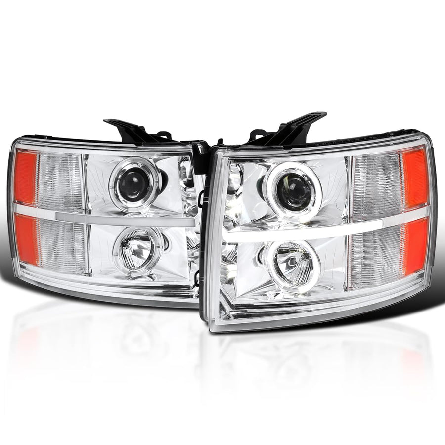 Dual Halo Projector Headlights SPEC-D TUNING Chrome Compatible with 2007-2013 Chevy Silverado 1500, 2007-2014 Silverado 2500 3500, Left + Right Pair Headlamps Assembly