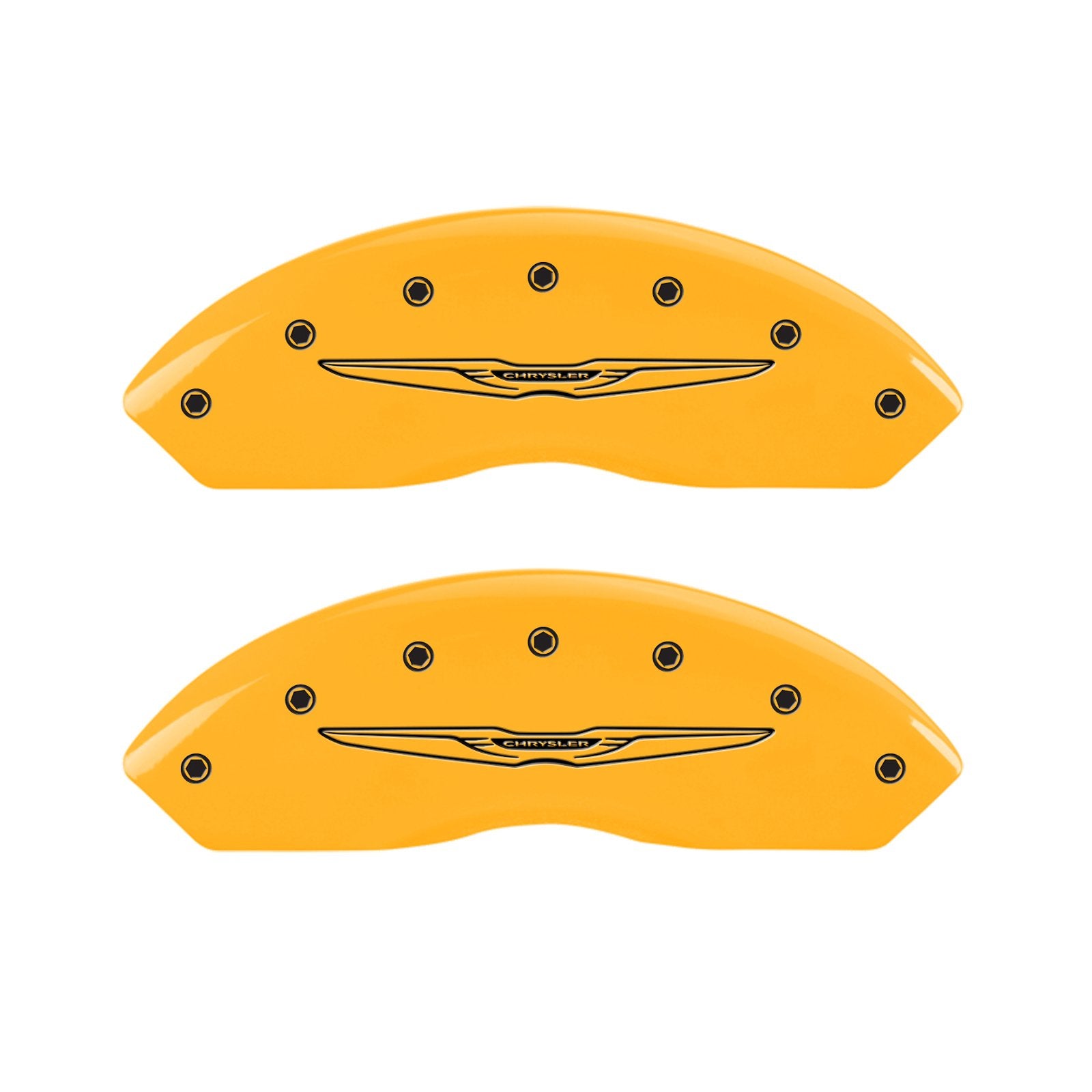 MGP 32021SCW2YL Yellow Caliper Covers (Set of 4, Engraved Front and Rear: Style 2/Chrysler Wing, yellow powder coat finish, black characters)