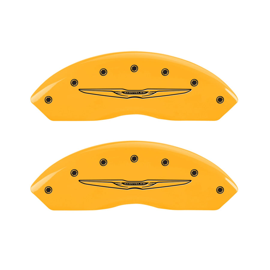 MGP 32021SCW2YL Yellow Caliper Covers (Set of 4, Engraved Front and Rear: Style 2/Chrysler Wing, yellow powder coat finish, black characters)