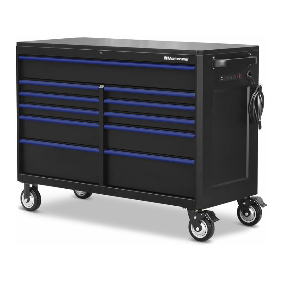 Montezuma Tool Box - 11 Drawer 56" x 24" Rolling Tool Cabinet with Multiple Power Outlets & Black Powder Coat Finish - M562411TC