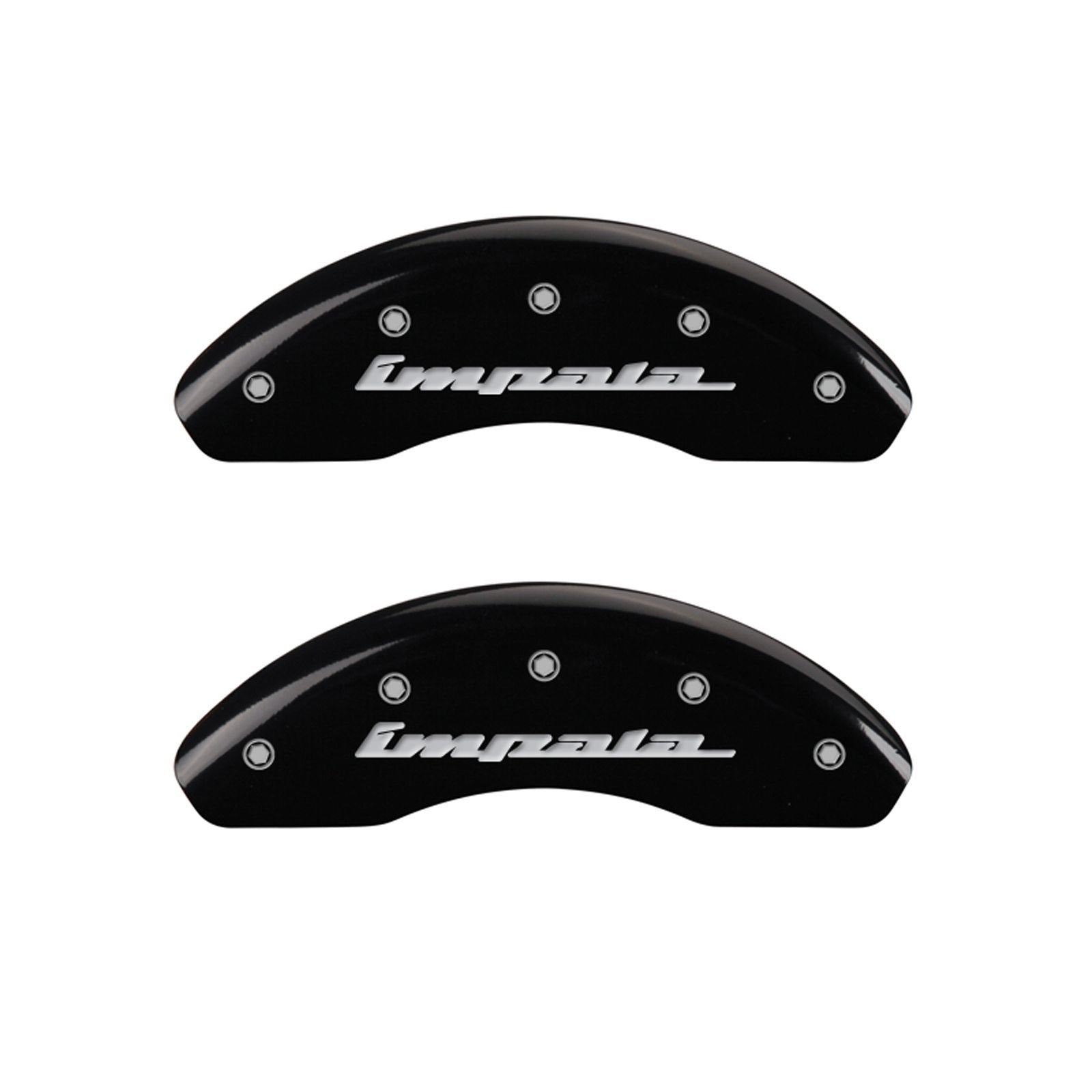 MGP 'IMPALA' Caliper Covers 14050SIMPBK Engraved Caliper Cover with Black Powder Coat Finish and Silver Characters, (Set of 4)