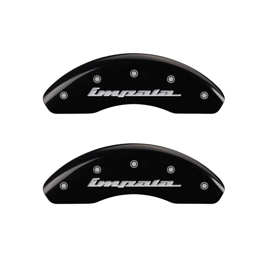 MGP 'IMPALA' Caliper Covers 14050SIMPBK Engraved Caliper Cover with Black Powder Coat Finish and Silver Characters, (Set of 4)