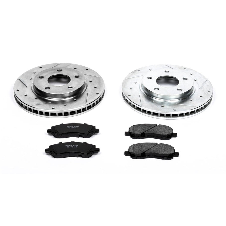 Power Stop K2992 Z23 Carbon Fiber Brake Pads with Drilled & Slotted Brake Rotors Kit For Dodge Caliber 2007-2012, Mitsubishi Lancer 2008-2017 [Model Specific]