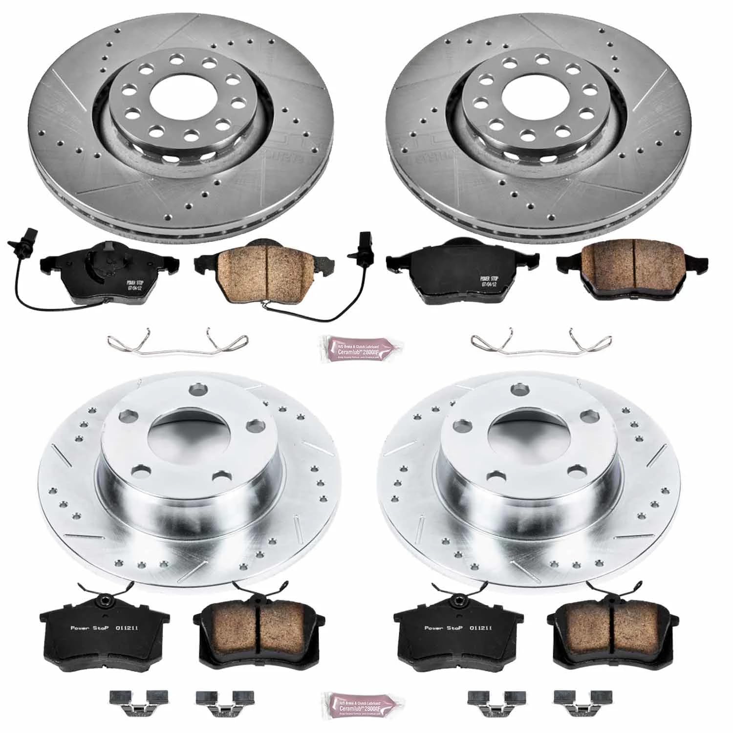 Power Stop K4197 Z23 Carbon Fiber Brake Pads Front and Rear with Drilled & Slotted Brake Rotors Kit For Audi A6 Quattro 1999-2004 [Model Specific]