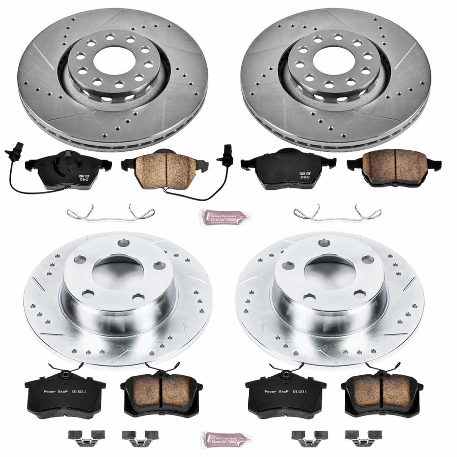 Power Stop K4197 Z23 Carbon Fiber Brake Pads Front and Rear with Drilled & Slotted Brake Rotors Kit For Audi A6 Quattro 1999-2004 [Model Specific]