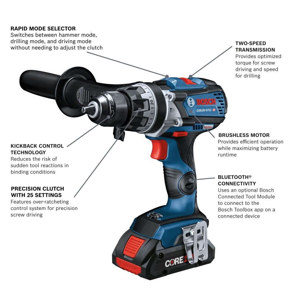 BOSCH 18V GSB18V-975CB25 Brushless Connected-Ready 1/2 In. Hammer Drill/Driver Kit with (2) CORE18V® 4 Ah Advanced Power Batteries