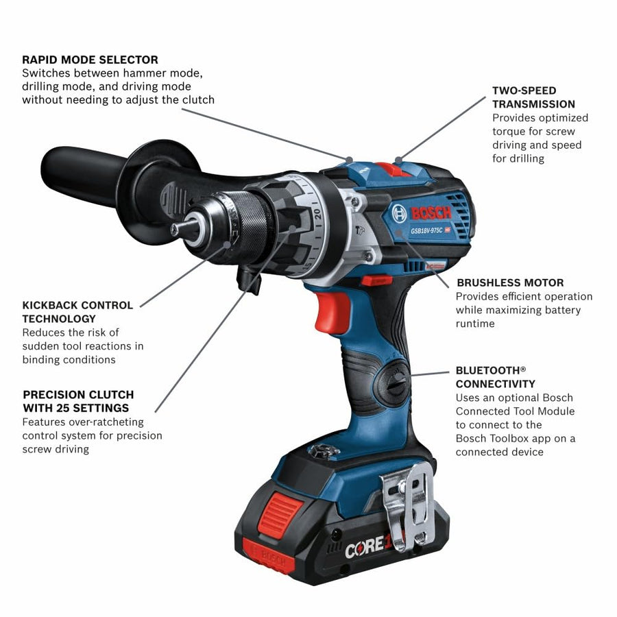 BOSCH 18V GSB18V-975CB25 Brushless Connected-Ready 1/2 In. Hammer Drill/Driver Kit with (2) CORE18V® 4 Ah Advanced Power Batteries