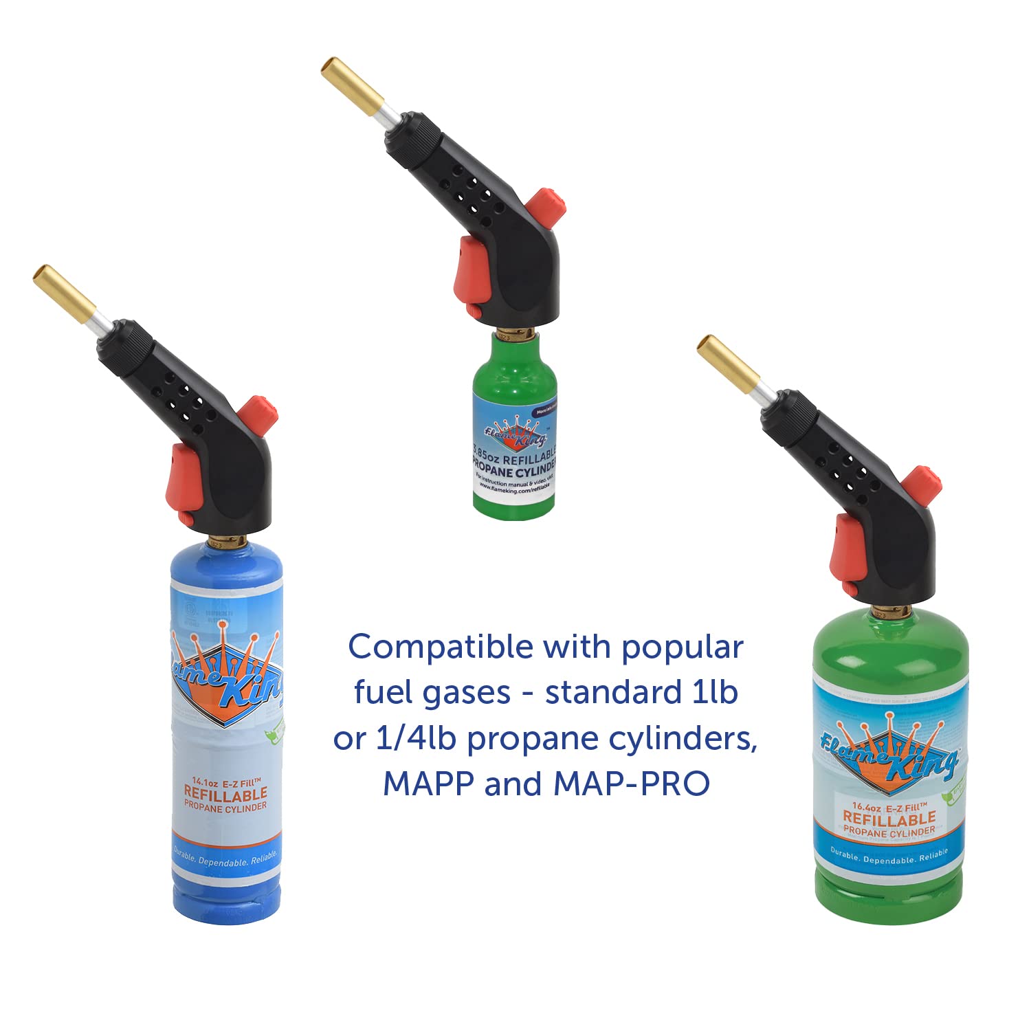 Flame King Blow Torch Propane Gas with Push Button Igniter & 2 Interchangeable Heads great for Soldering, Searing, Brazing, Welding