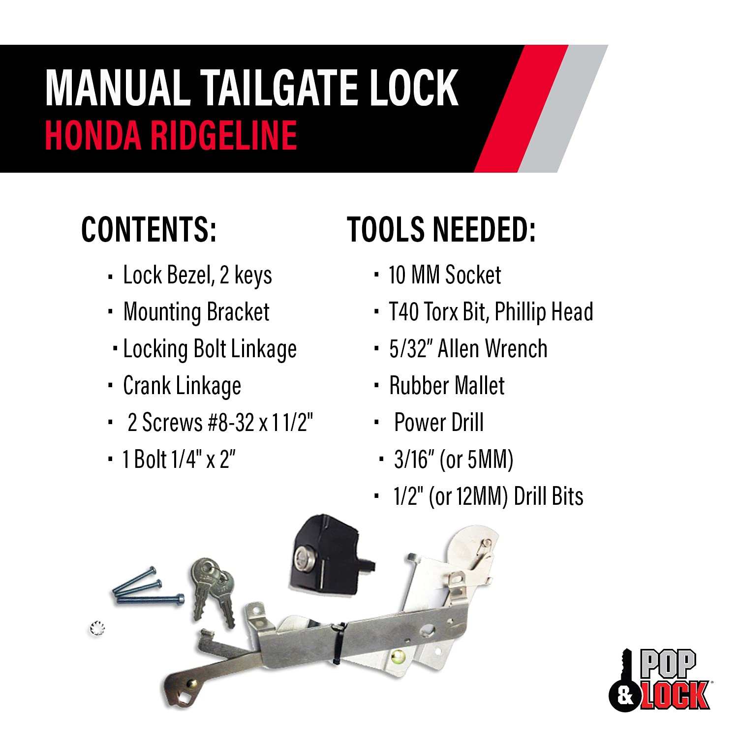 Manual Tailgate Lock Pop & Lock PL6100 Black for Honda Ridgeline (Works with/Without Factory Backup Camera)