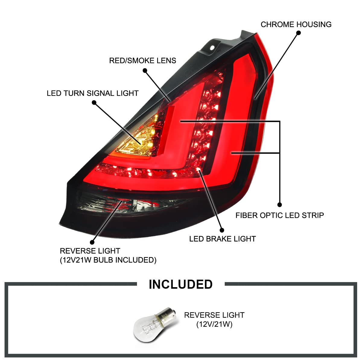 Red Smoke LED Tail Lights w/LED Tube SPEC-D TUNING Compatible with 2011-2013 Ford Fiesta Hatchback, Left + Right Pair Assembly