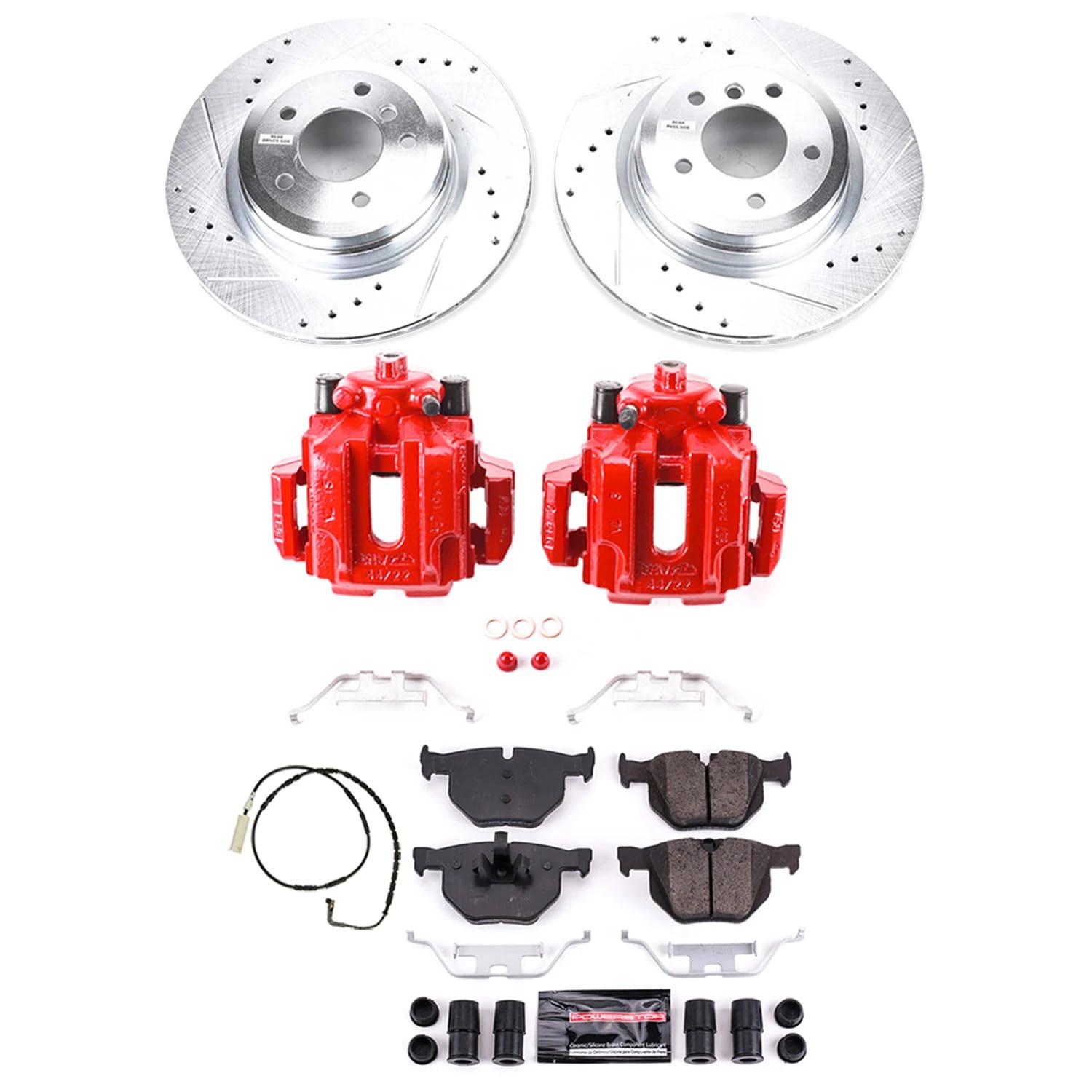Performance Upgrade PowerStop Z23 Rear Brake Kit For BMW 335d, BMW 335, 335xi [Model Specific] - Powder Coated Calipers Ceramic Brake Pads Drilled and Slotted Disc Rotors, KC045