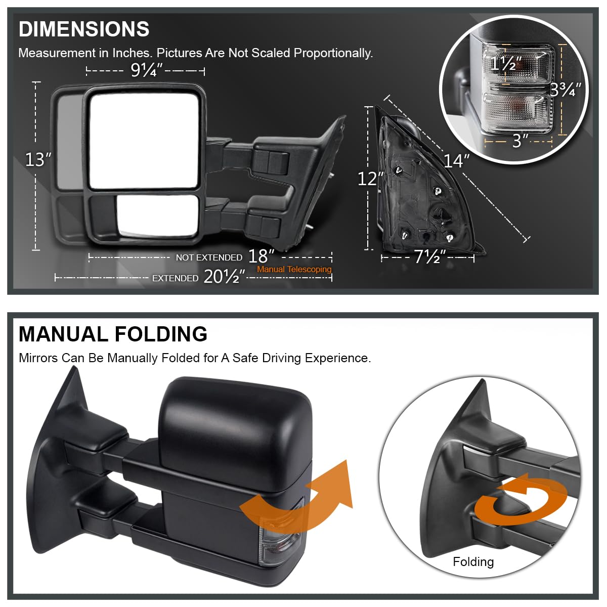 Spec-D Tuning Towing Mirrors Manual w/Smoke LED Signal Compatible with 2008-2016 Ford F250 F350 F450 Super Duty Left + Right Pair
