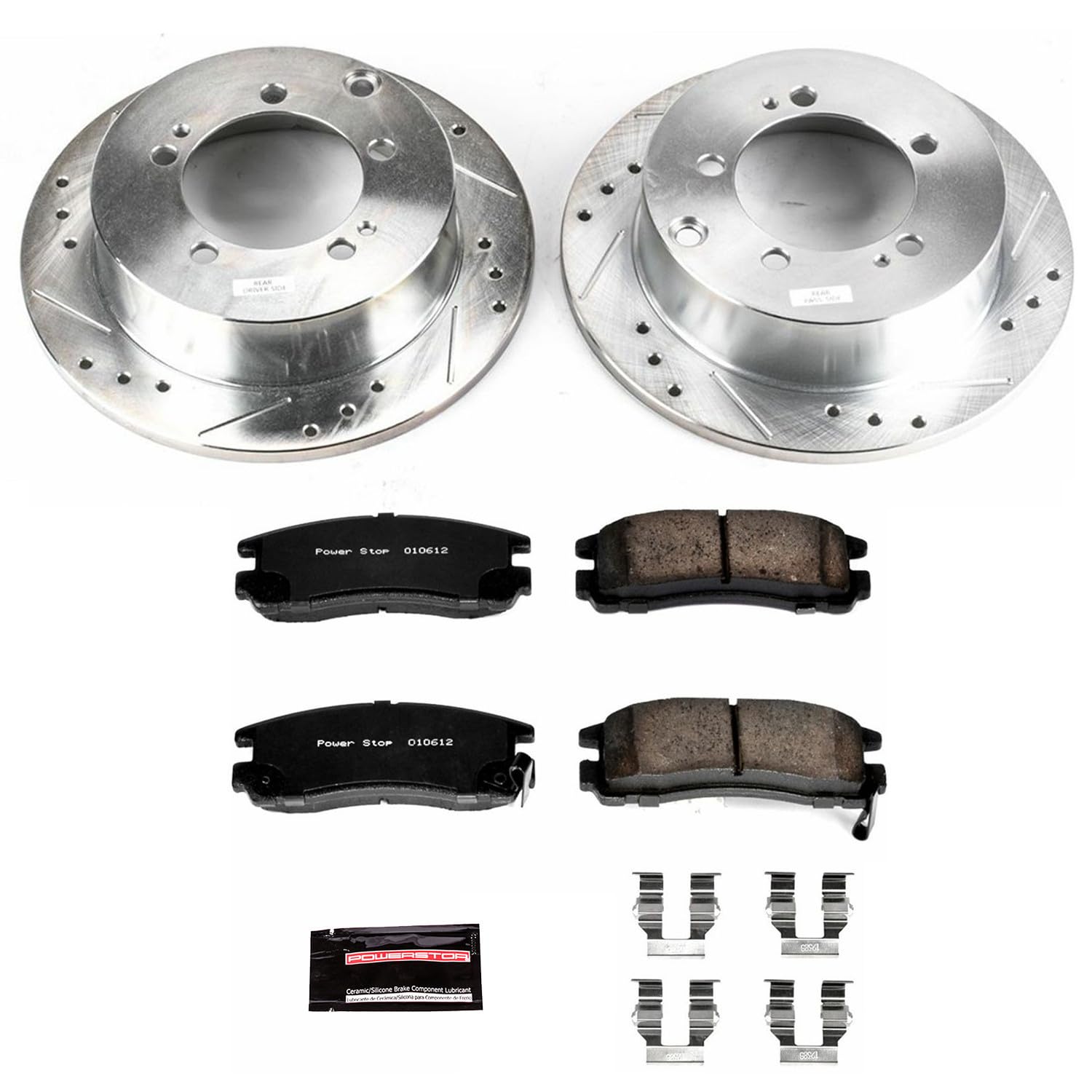 Power Stop K1203 Z23 Carbon Fiber Brake Pads Rear with Drilled & Slotted Brake Rotors Kit For Sebring, Avenger, Stratus, Eagle Talon, Eclipse, Galant [Model Specific]