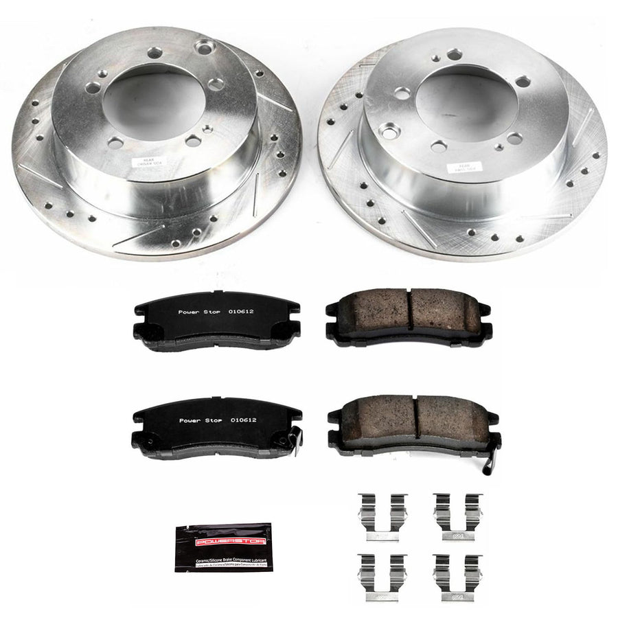 Power Stop K1203 Z23 Carbon Fiber Brake Pads Rear with Drilled & Slotted Brake Rotors Kit For Sebring, Avenger, Stratus, Eagle Talon, Eclipse, Galant [Model Specific]