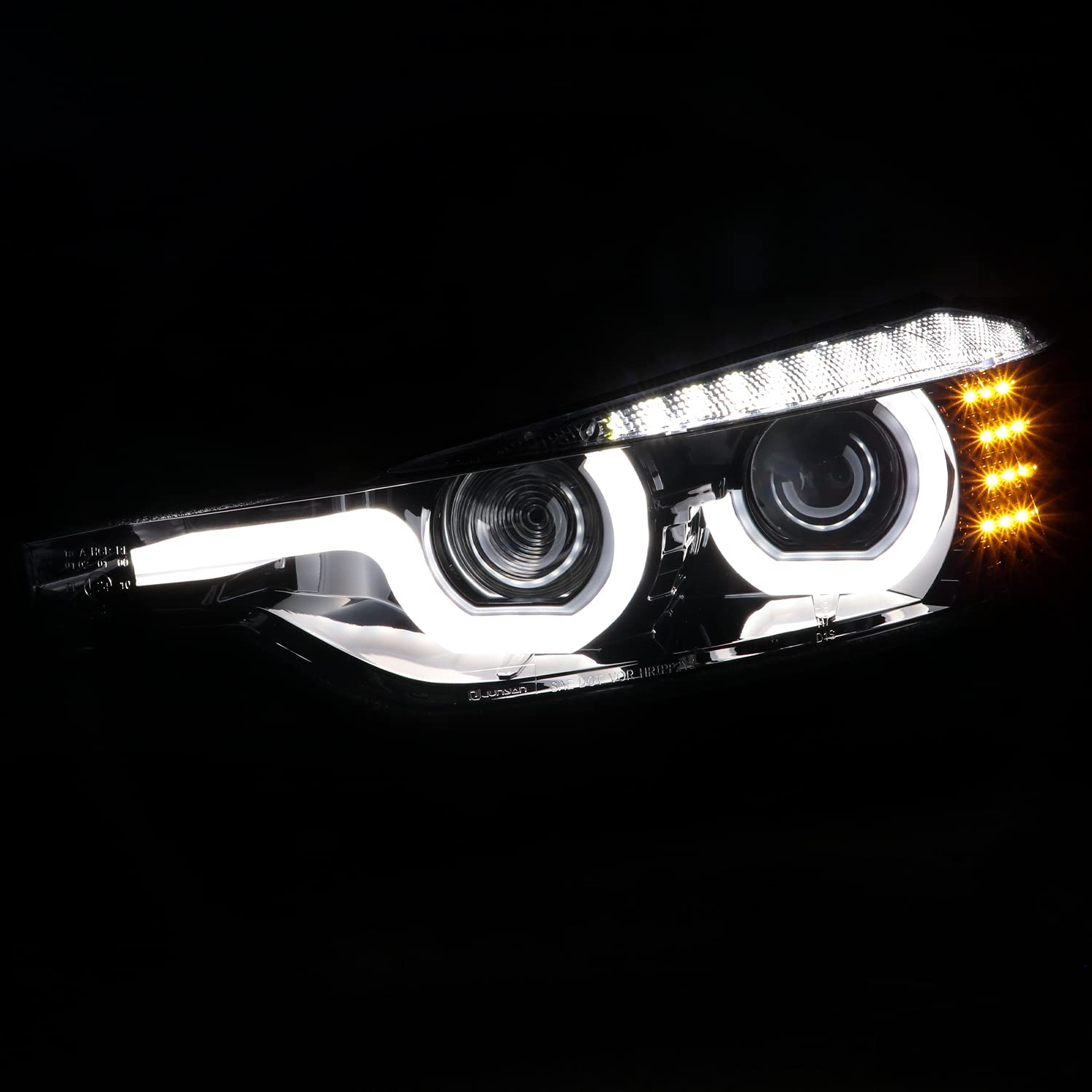 Dual U-Bar Projector Headlights 2012-2015 F30 3 Series Sedan w/ LED Turn Signal Lights (Chrome Housing/Smoked Lens)