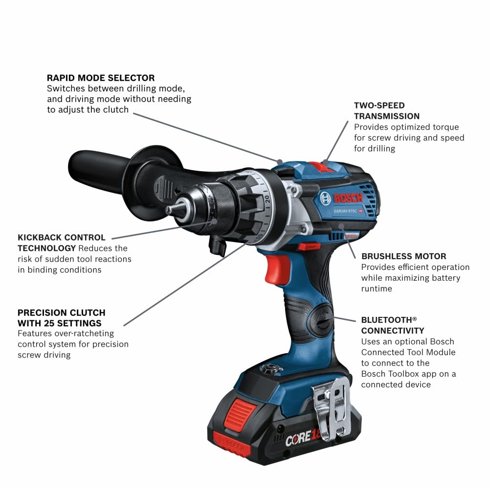 18V Brushless Connected-Ready BOSCH GSR18V-975CB25 1/2 In. Drill/Driver Kit with (2) CORE18V 4 Ah Advanced Power Batteries