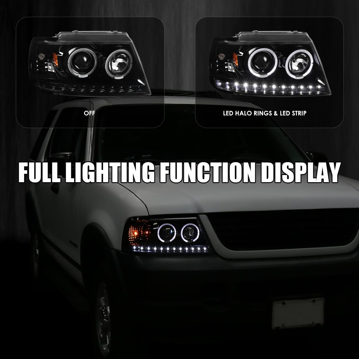Jet Black LED Halo Projector Headlights SPEC-D TUNING Compatible with 2002-2005 Ford Explorer, Left + Right Pair Headlamps Assembly