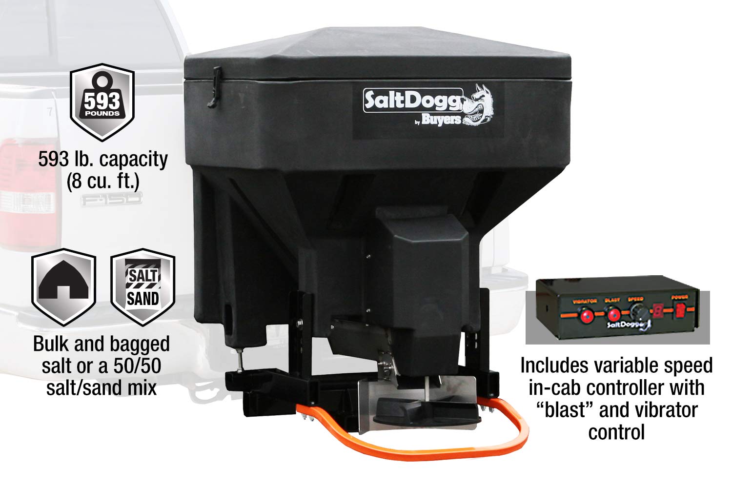 SaltDogg Buyers Products TGS03 Tailgate Salt Spreader, Made In The USA, 8 cu ft/600 lb Capacity, Horizontal Auger Feed, Commercial Salt Spreader For Truck Tailgate, Receiver Hitch Mount