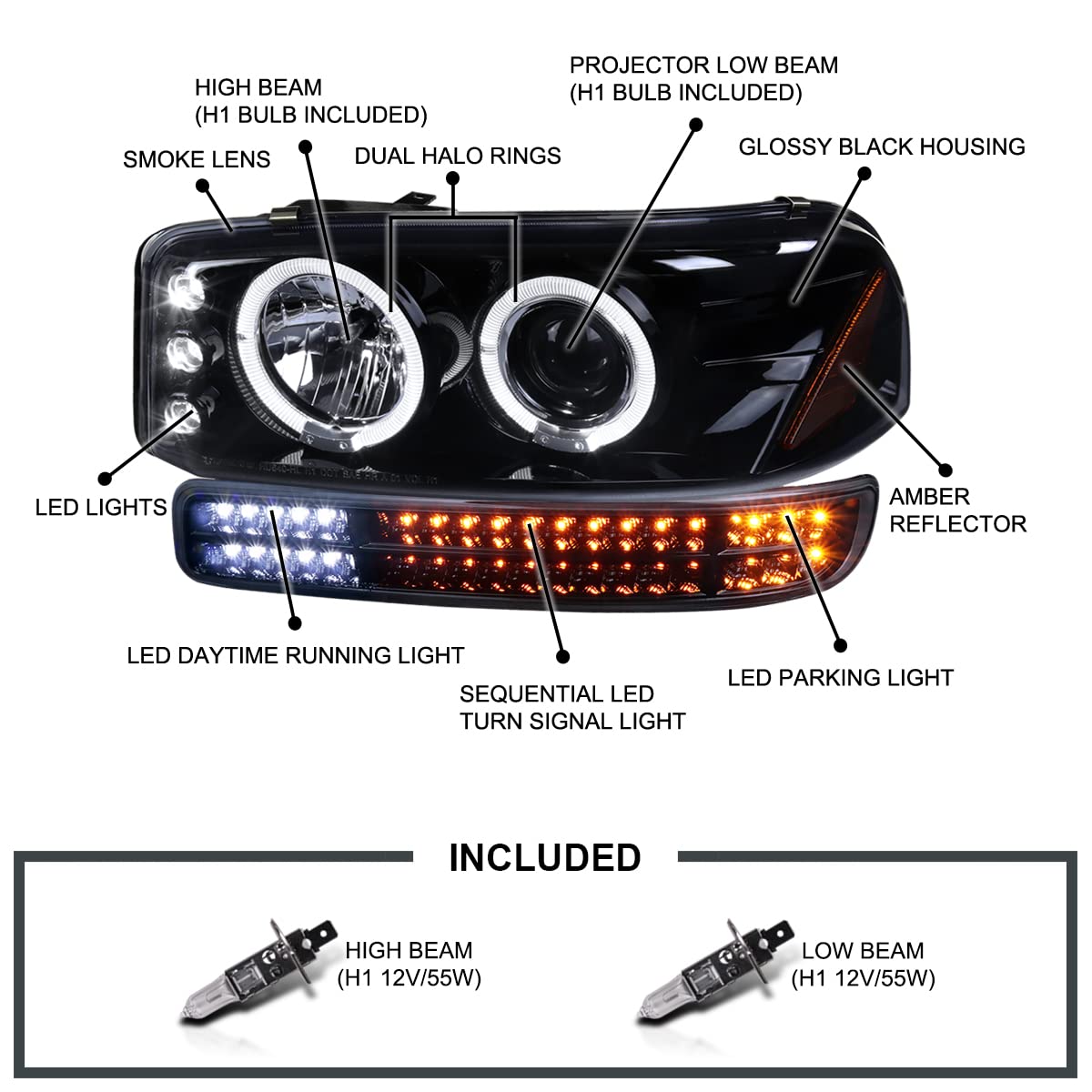 Glossy Black Smoke SPEC-D TUNING Projector Headlights + Sequential LED Bumper Lights Compatible with 1999-2006 GMC Sierra 1500/2500/3500, Left + Right Pair Headlamps Assembly