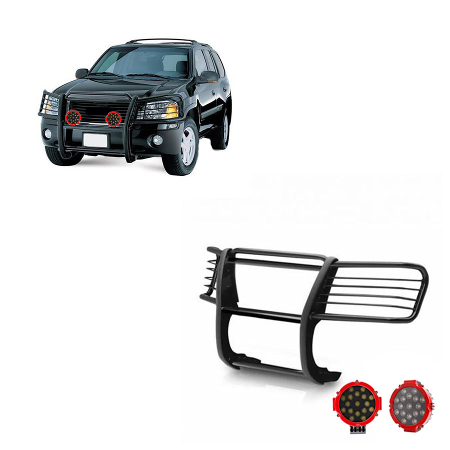 Black Horse Grille Brush Bumper Guard Black Modular Come with Pair of 7.0" Dia.LED Lights with Red Trim Rings Compatible with 2002-2006 GMC Envoy|2002-2006 GMC Envoy XL-17GD26MA-PLR