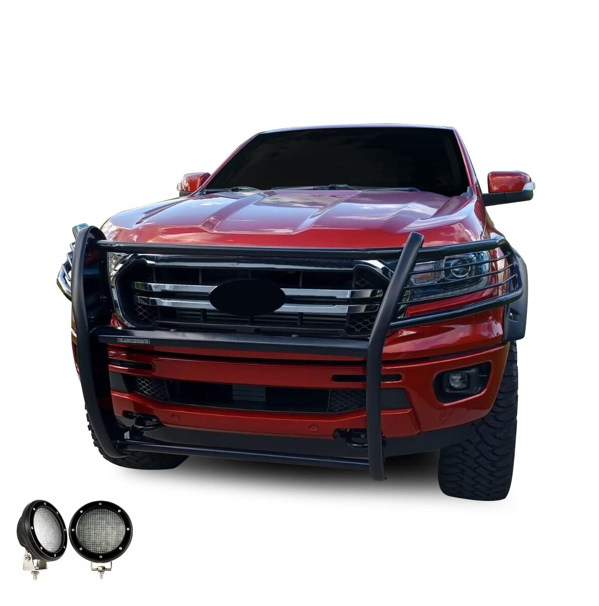 Bumper Guard Black Horse Grille Brush Modular Black Come with Pair of 5.3" Dia.LED Lights with Black Trim Rings Compatible with 2019-2023 Ford Ranger-17FP10MA-PLFB