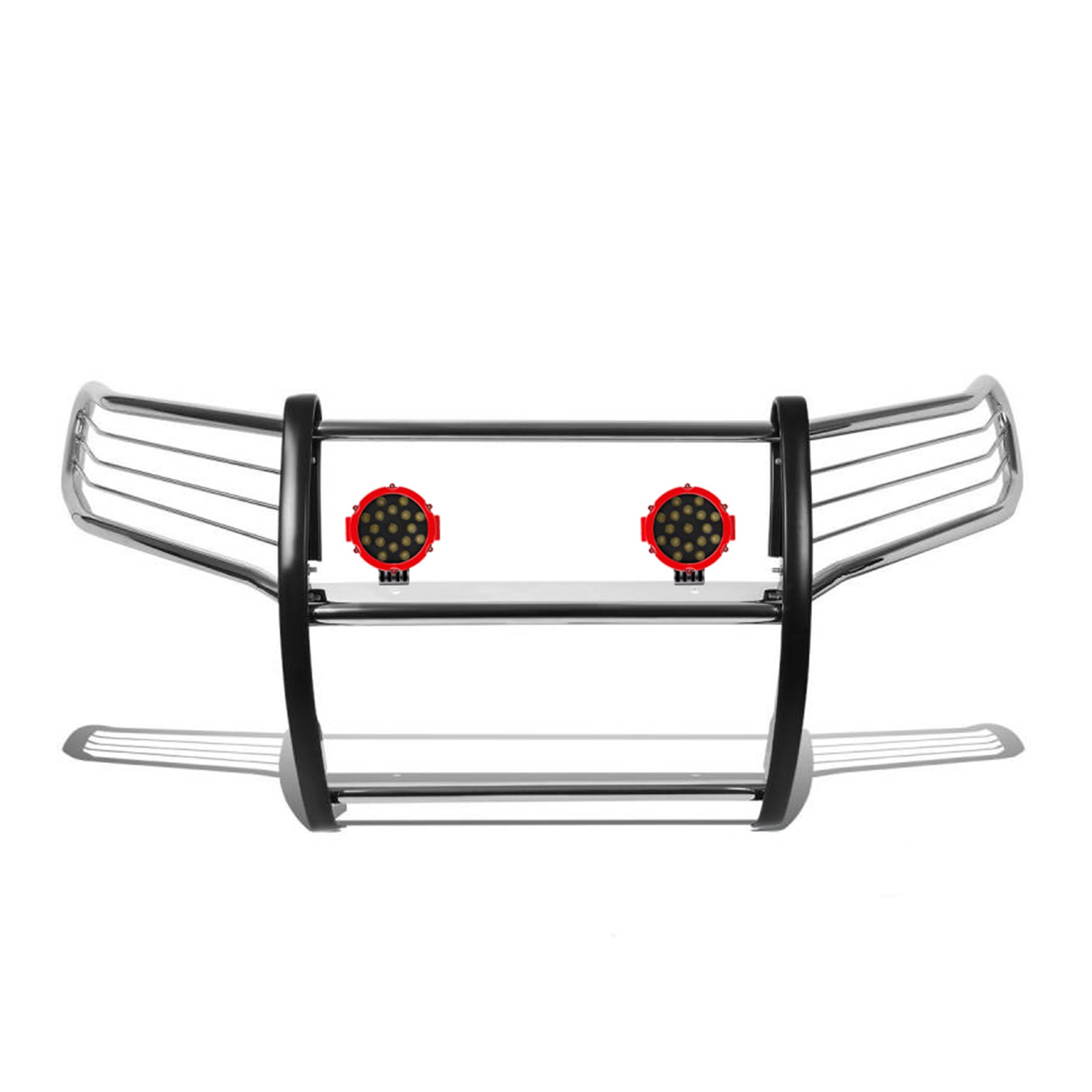 Bumper Guard Modular Stainless Steel Black Horse Grille brush Come With pair of 7.0"LED Light with Red Trim Rings Compatible with 2005-2021 Nissan Frontier|2005-2007 Nissan Pathfinder-17A110200MSS-PLR