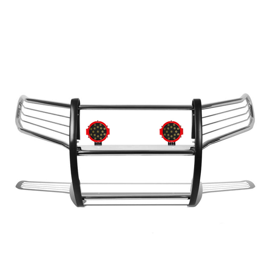 Bumper Guard Modular Stainless Steel Black Horse Grille brush Come With pair of 7.0"LED Light with Red Trim Rings Compatible with 2005-2021 Nissan Frontier|2005-2007 Nissan Pathfinder-17A110200MSS-PLR