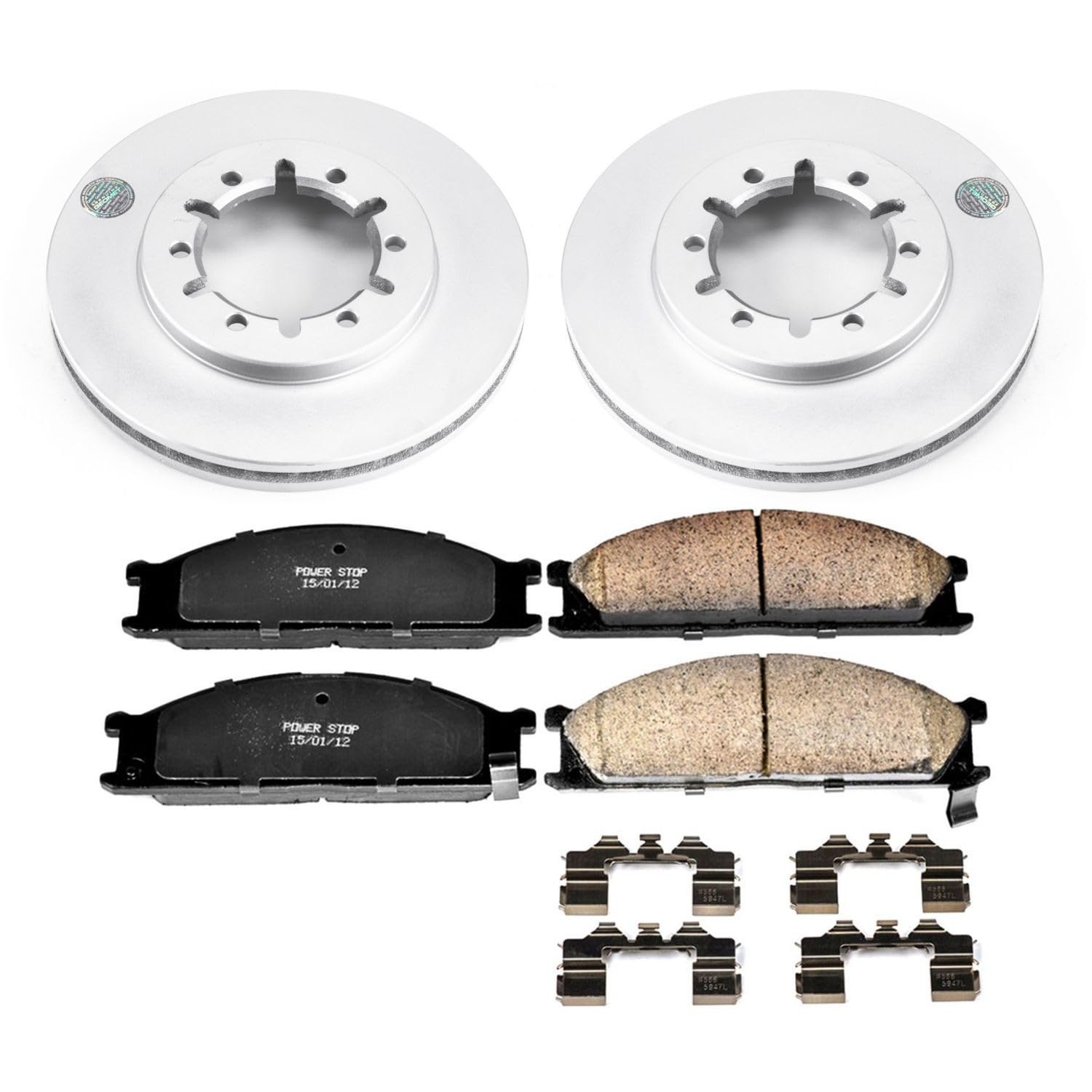 Coated Brake Rotor and Ceramic Brake Pads Power Stop CRK2278- Front For Nissan Frontier 1998-2004 [Model Specific]