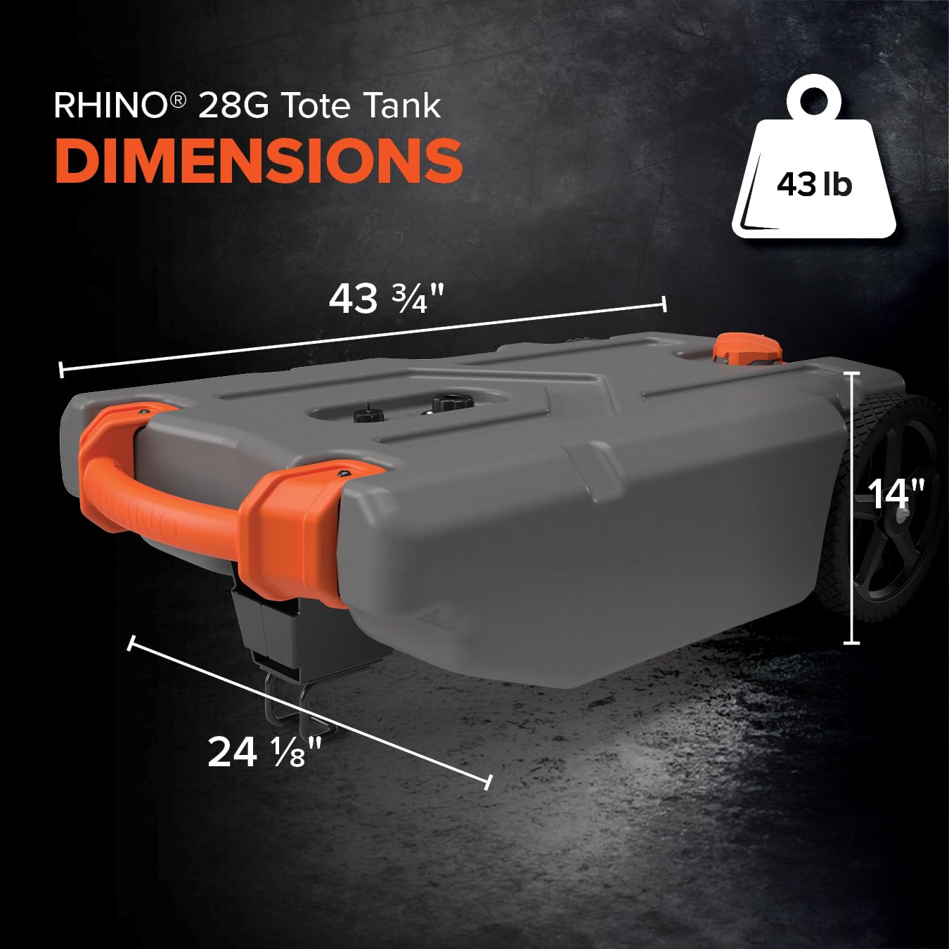 Camco 28-Gallon Rhino RV Tote Tank - Features Large Heavy-Duty No-Flat Wheels & Built-in Gate Valve - Removable Steel Tow Adapter, 3’ Sewer Hose & More RV Accessories (39004)