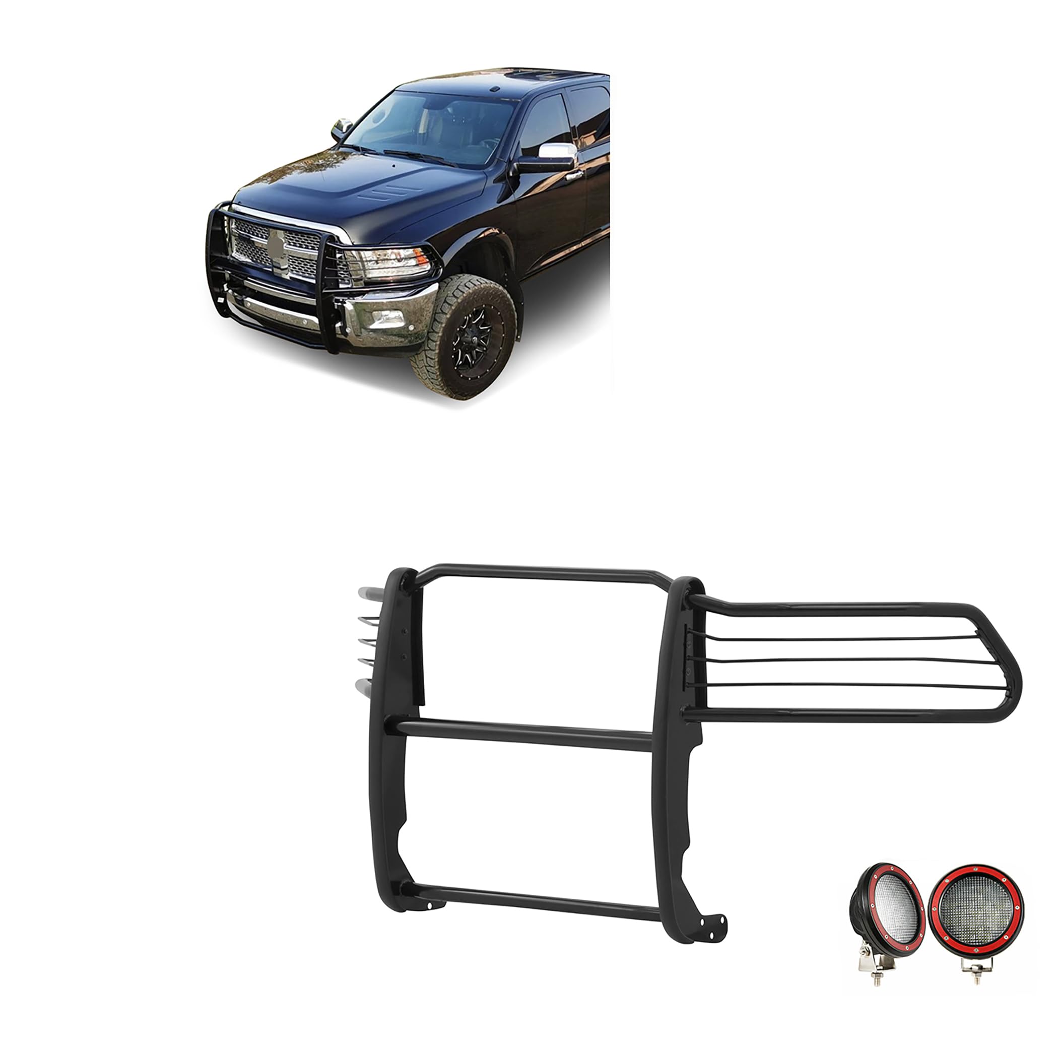 Grille Brush Black Horse Bumper Guard Modular Black Come with Pair of 5.3" Dia.LED Lights with Red Trim Rings Compatible with 2010-2018 Ram 2500|2011-2018 Ram 3500-17DR01MA-PLFR