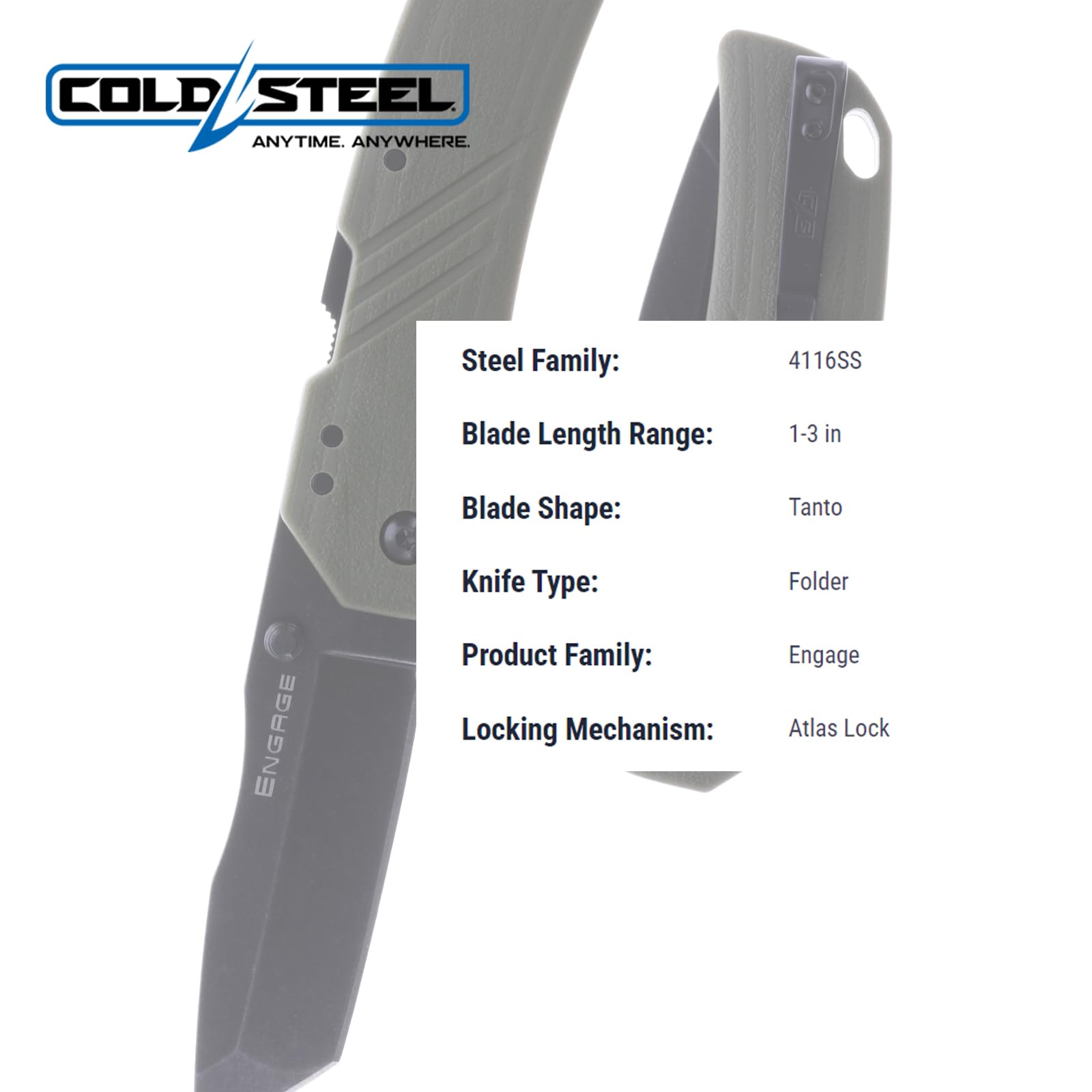Cold Steel 3" CS-FL-30DPLT-BGZ Engage / 3" Tanto Point Blade / 2.4Mm Thick, OD Green
