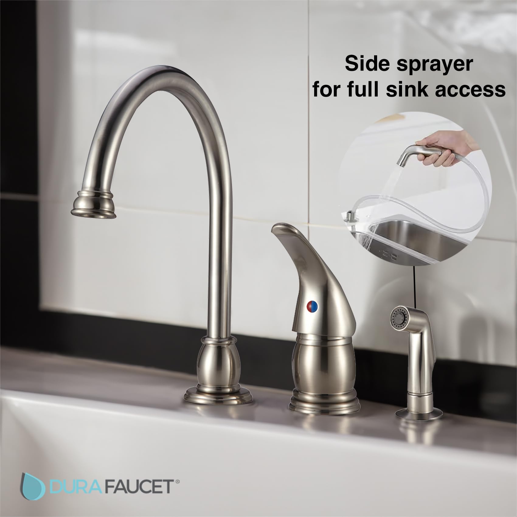 Dura Faucet RV Gooseneck Kitchen Sink Faucet DF-NMK301-SN with Matching Side Sprayer (Brushed Satin Nickel)