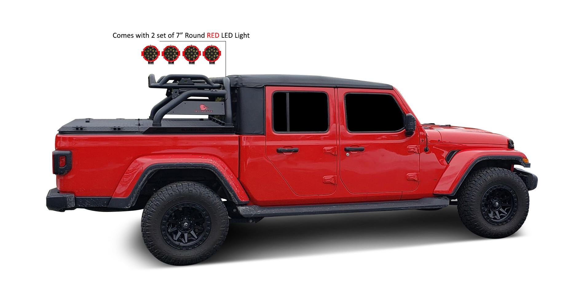 Atlas Black Horse Roll Bar Incl. Pair of 7.0" Dia. Led Lights w/Red Trim Rings Compatible with 2020-2024 Jeep Gladiator-ATRB9BK-PLR