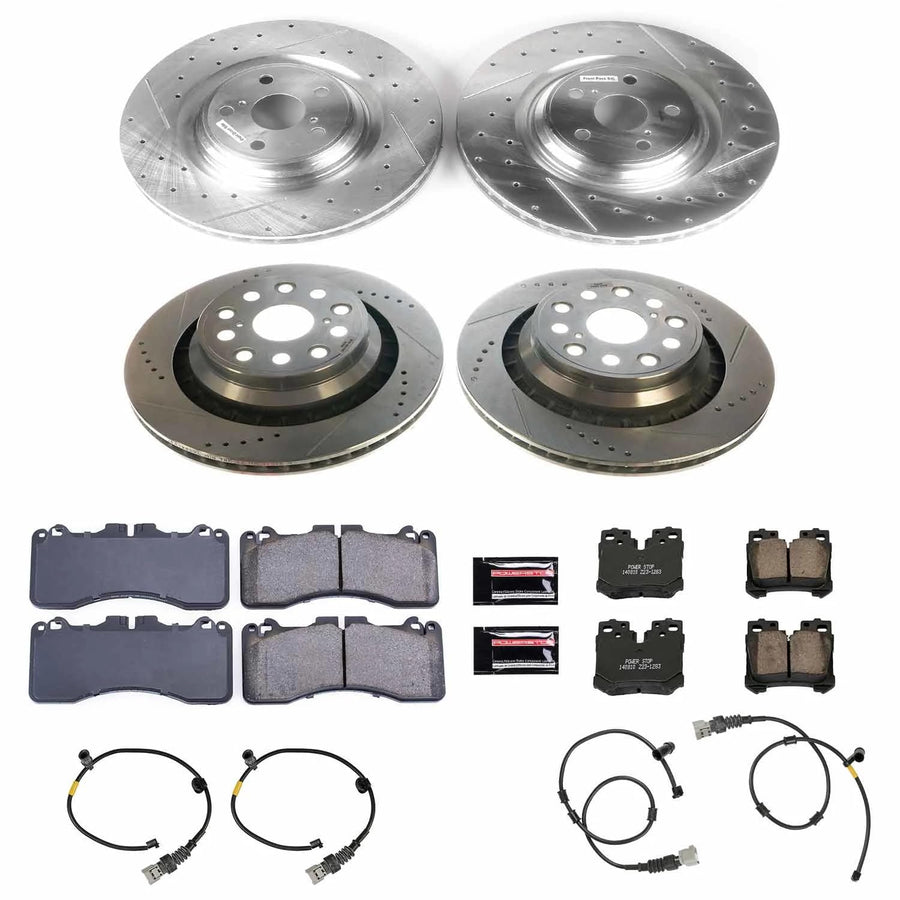 Power Stop K5850 Z23 Carbon Fiber Brake Pads Front and Rear with Drilled & Slotted Brake Rotors Kit and 2 Front & 2 Rear Sensor Wires For Lexus LS460 2010-2017 [Model Specific]
