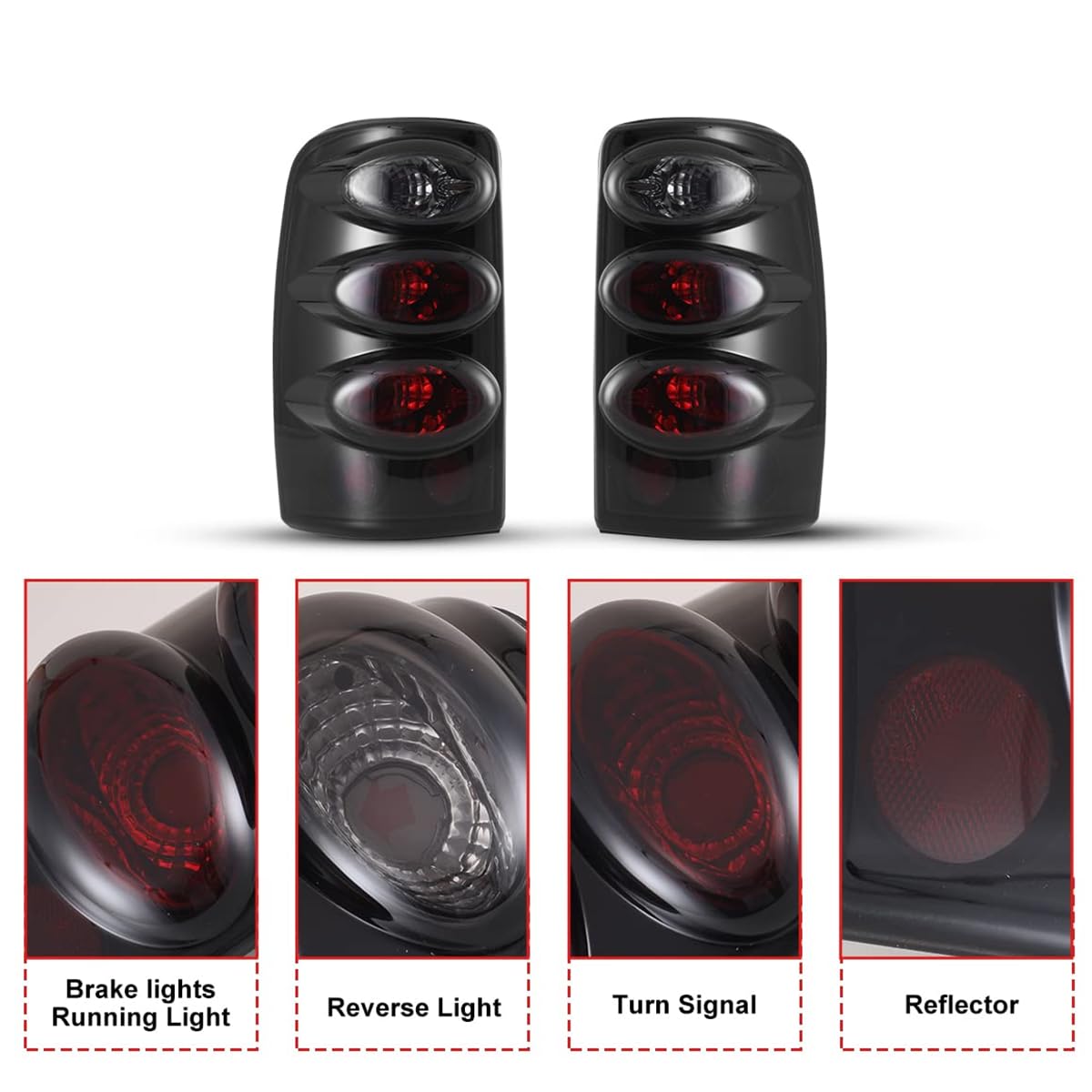 Tail Lights Winjet for 2000 2001 2002 2003 2004 2005 2006 Chevy Suburban/Tahoe/GMC Yukon Yukon/Yukon XL 1500/ Yukon XL 2500/ Yukon XL Denali Taillights Tail Lamps, Pair Black Housing/Smoke Lens