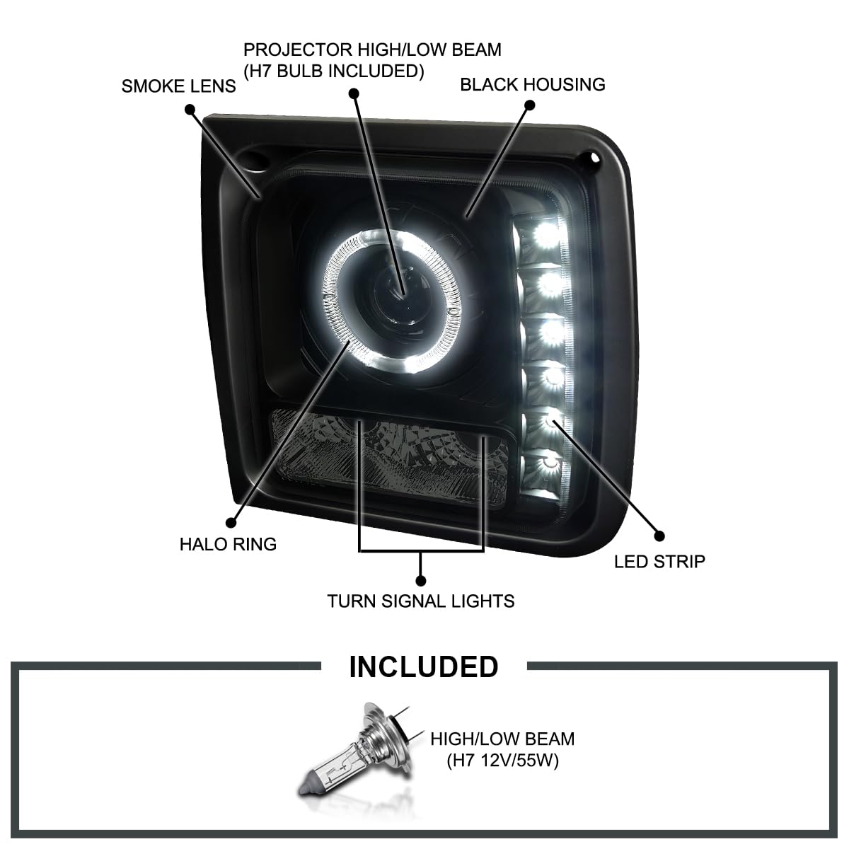 Black Smoke SPEC-D TUNING Projector Headlights W/LED Compatible with 1997-2001 Jeep Cherokee, Left + Right Pair Headlamps Assembly