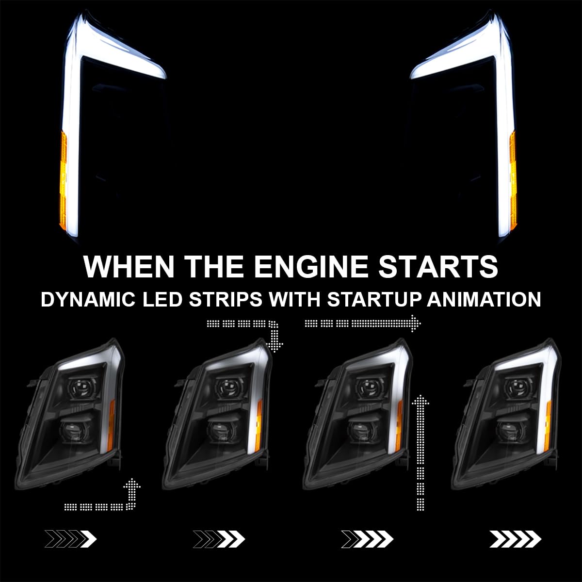 Full LED Projector Headlights SPEC-D TUNING w/LED DRL Light Bar, Sequential Signal, and Startup Animation Compatible with 2010-2016 Cadillac SRX, Left + Right Pair Headlamps Assembly