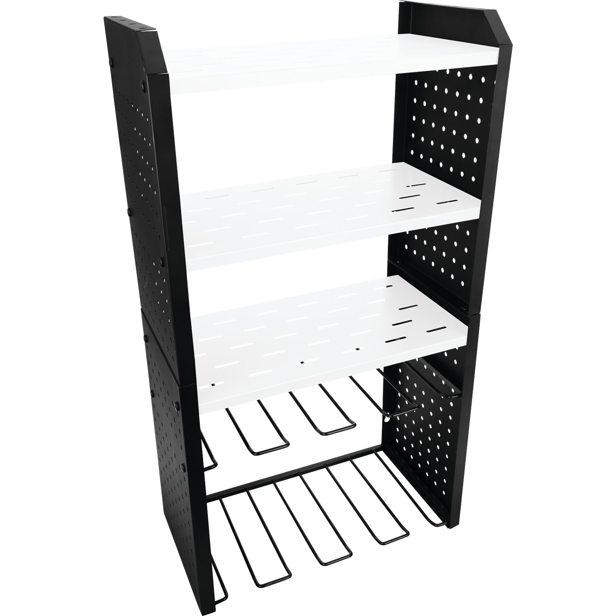 W7704 Performance Tool 17-in Five Level Power Tool Storage Rack: 200 lb Limit, 9-Gauge Solid Steel Frame, Baked on Powder Coat Finish with 1/4-in Peg Holes, For Garage/Home, Black/White