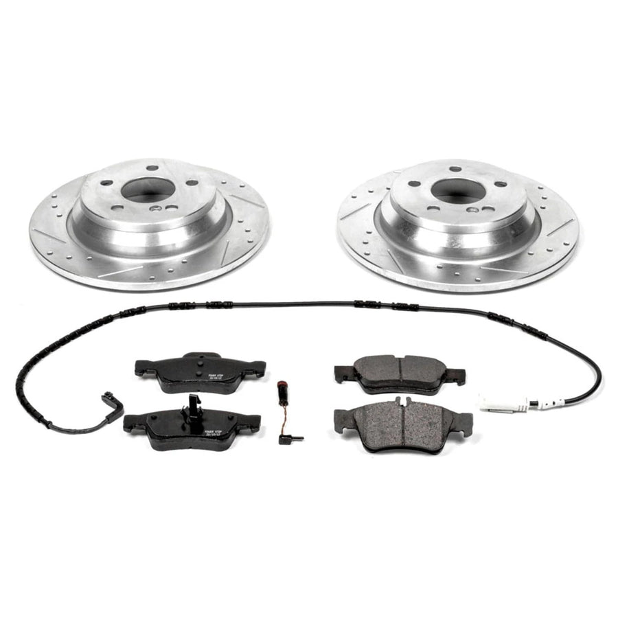 Power Stop K3069 Rear Brake Pads Z23 Carbon Fiber with Drilled & Slotted Brake Rotors Kit and 2 Rear Sensor Wires