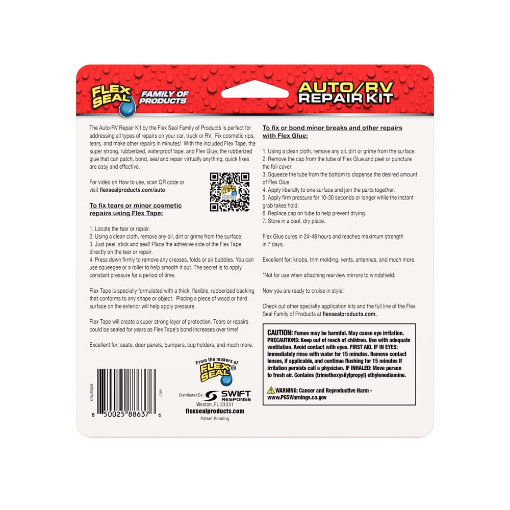 Auto/RV Flex Seal Repair Kit, Super Strong, Waterproof, Rubberized, UV Resistant, Car, Truck, Motorcycle, Seal and Patch, Bond and Repair, Quick Fix for Rips and Tears