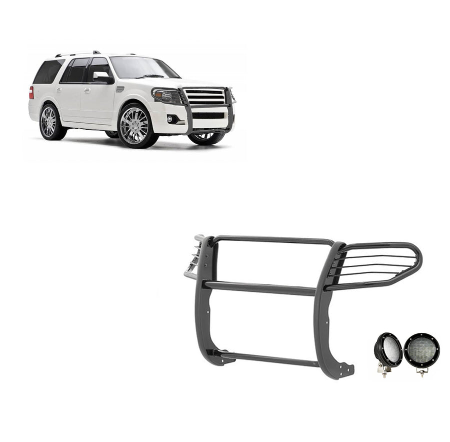 Grille Brush Black Horse Bumper Guard Modular Semi-Gloss Black Come with Pair of 5.3" Dia.LED Lights with Black Trim Rings Compatible with 2007-2014 Ford Expedition-17FP31MA-PLFB