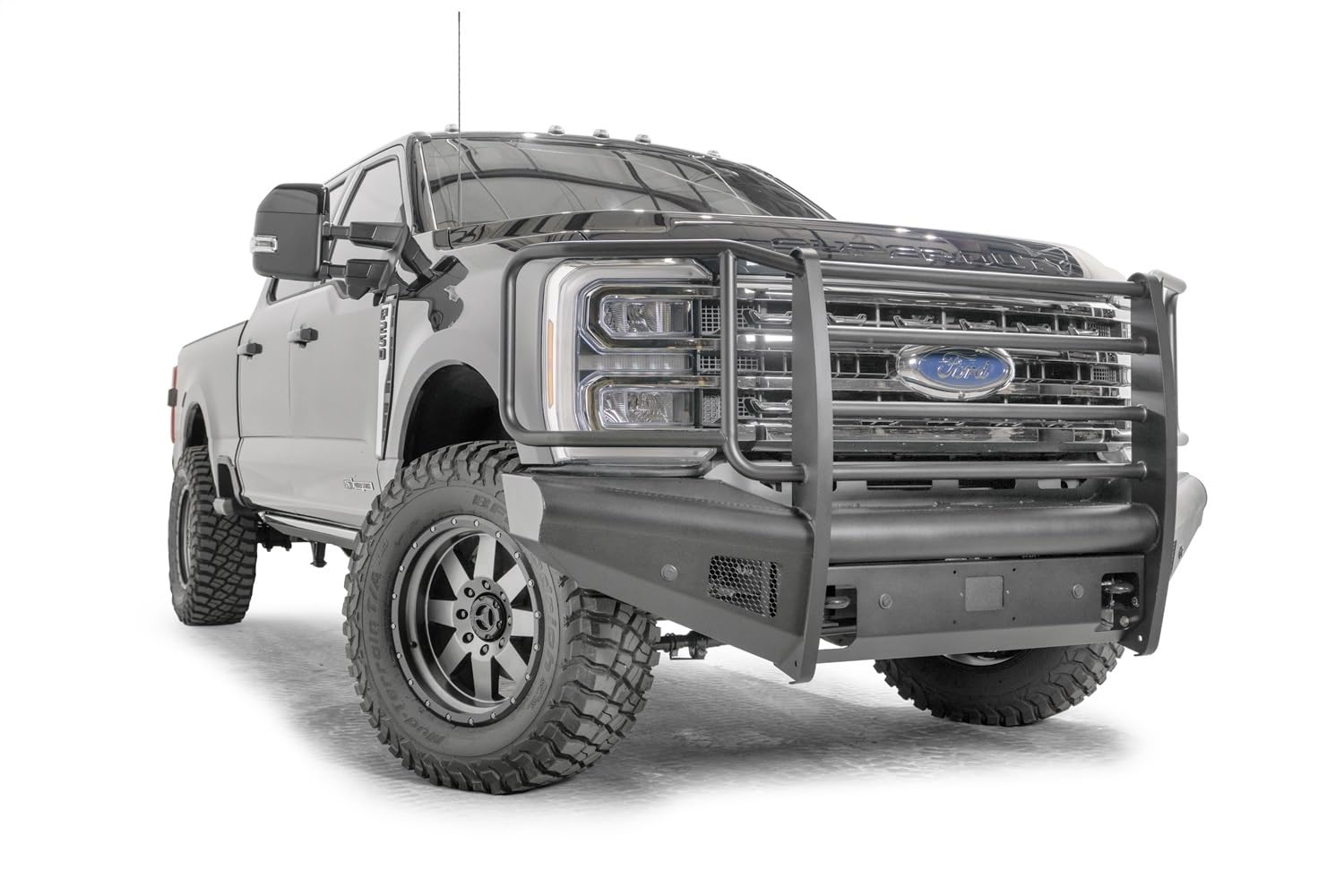 Fab Fours Elite Front Bumper FS23-Q5960-1 fits 2023 Ford F-350 Super Duty - Black Steel - w/Full Grill Guard - Sensor Compatible - Black Matte