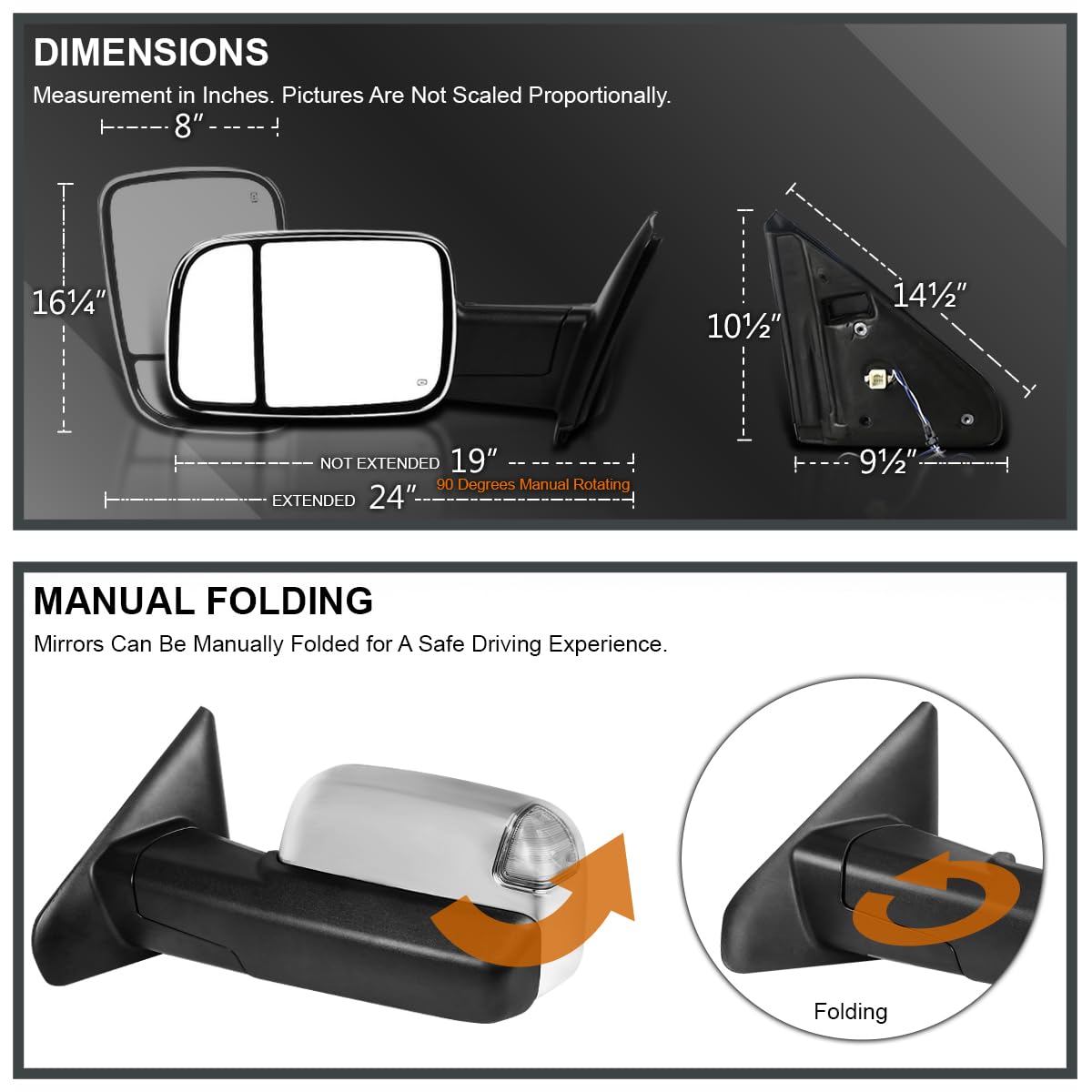 Spec-D Tuning Power Chrome Heated Towing Mirrors w/Amber Signal Compatible with 2002-2008 Dodge Ram Left + Right Pair