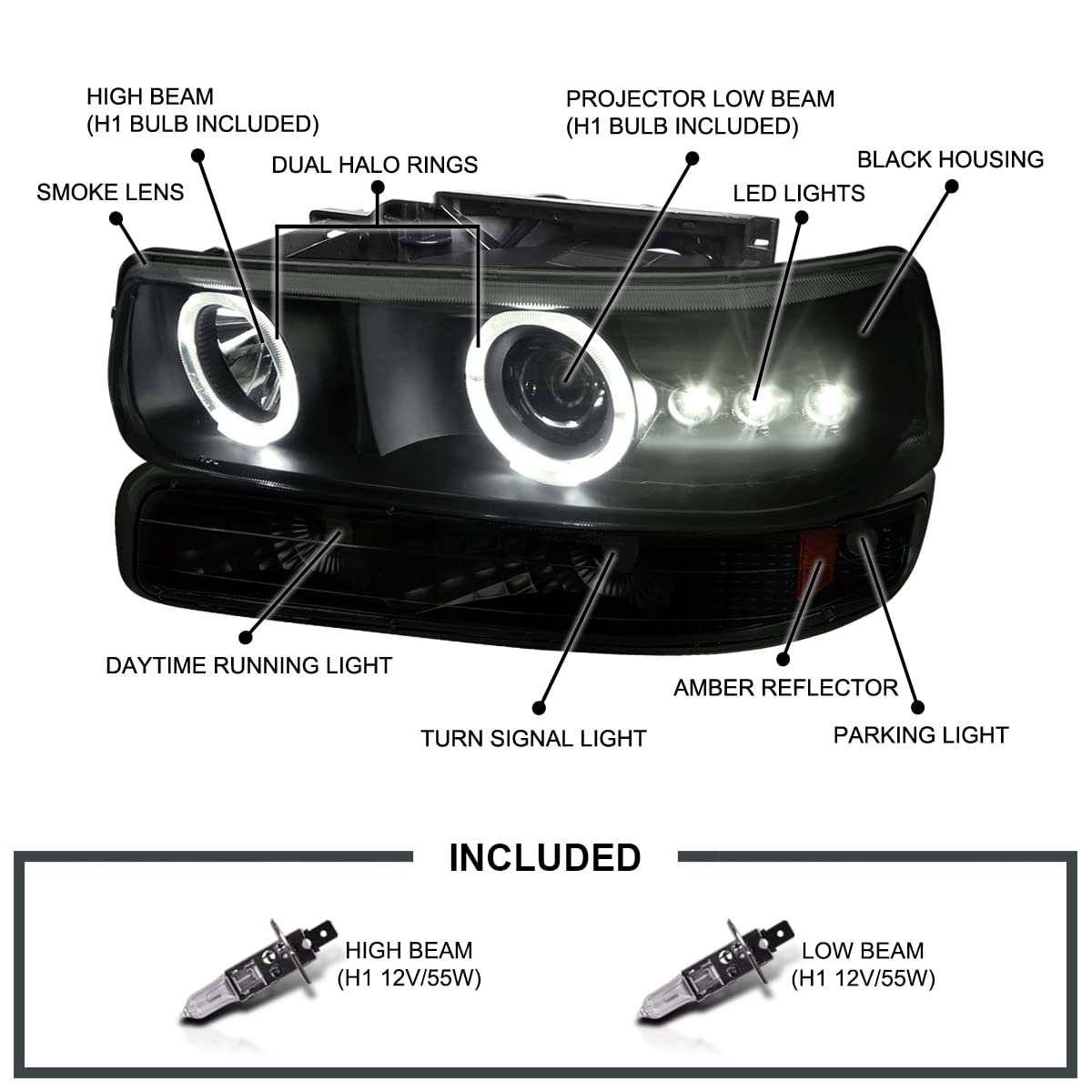 Smoke LED Halo Projector Headlights + Bumper Lights SPEC-D TUNING Compatible with 1999-2002 Chevy Silverado 1500 2500 3500, 2000-2006 Tahoe, Left + Right Pair Headlamps Assembly